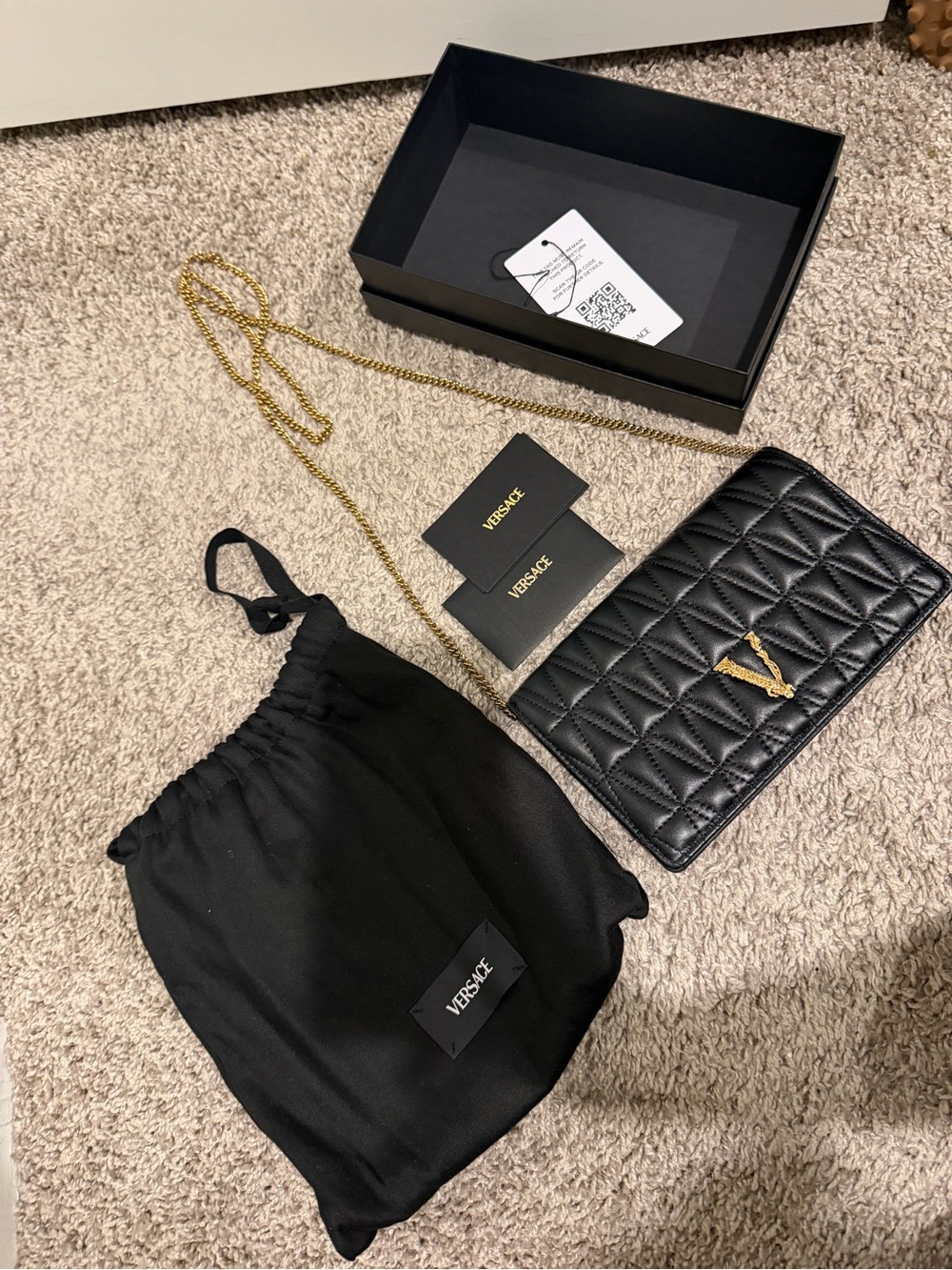 Versace Virtus Black  Leather Crossbody with Gold Accent Chain